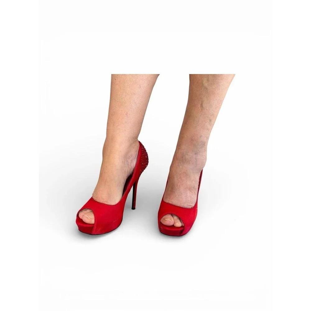 Diva Lounge Red Satin Rhinestone Heel Peep Toe Platform Stiletto Pumps Par